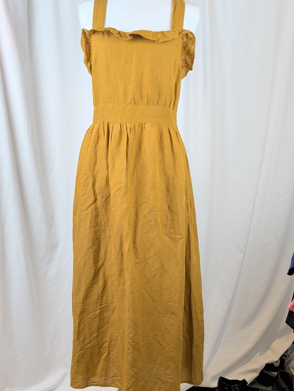 NWOT Zara Mustard Yellow Linen Blend Ruffle Midi Dress with Pockets S